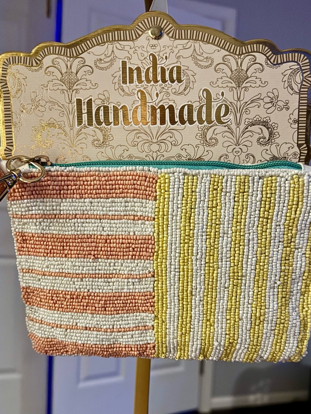 NWT India Handmade Beaded Striped Pouch Wristlet Pastel